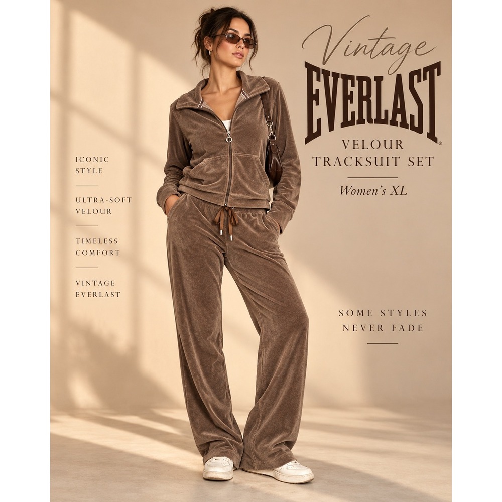 Vintage Everlast Velour Tracksuit Set Women's XL Chocolate Full Zip Y2K Lounge